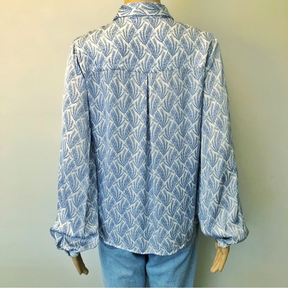 ESQUALO Pattern Silky Pastel Blue Boho Lightweight Button Down Blouse Shirt. - Picture 7 of 15